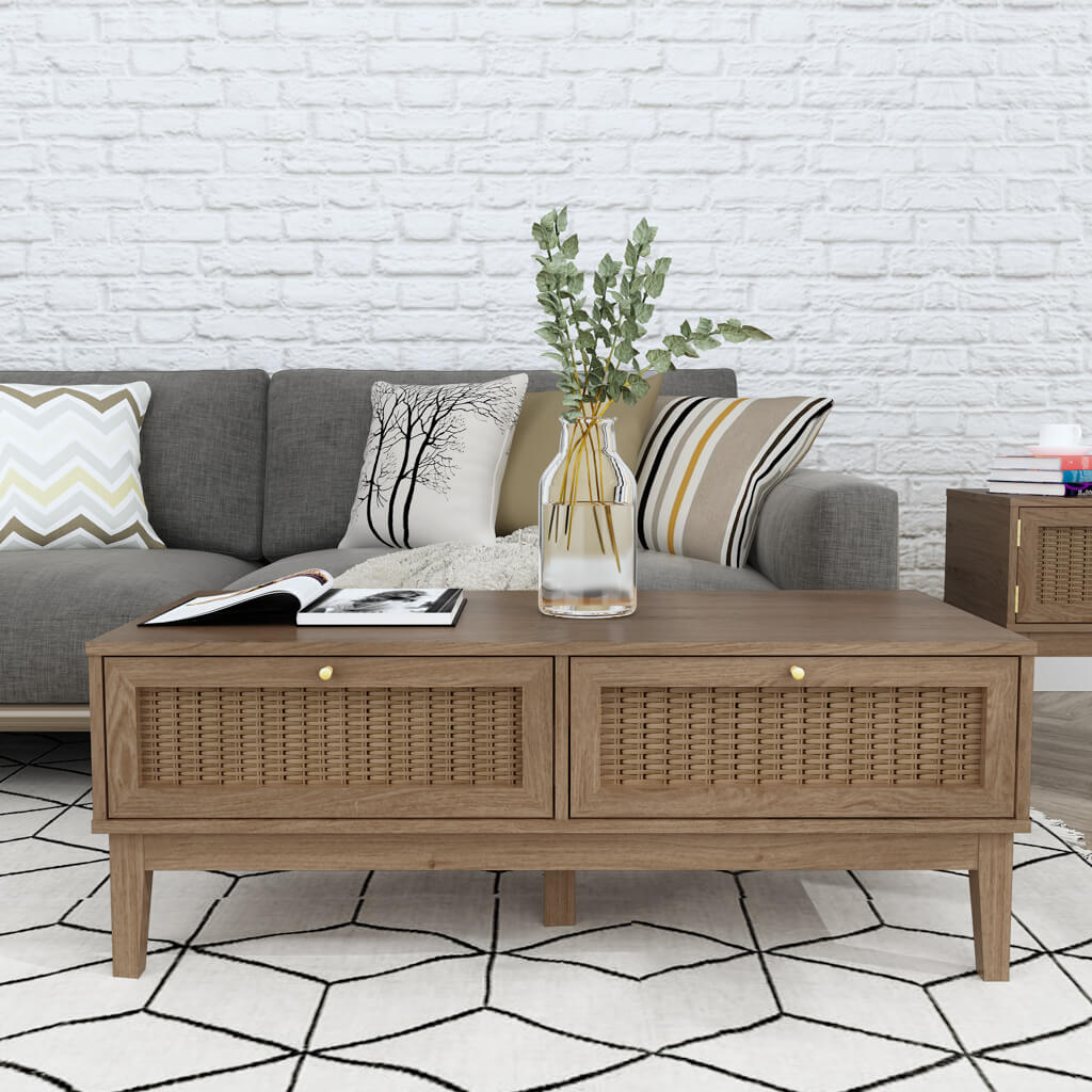 Bordeaux Boho Natural Wood & Rattan Rectangle Coffee Table